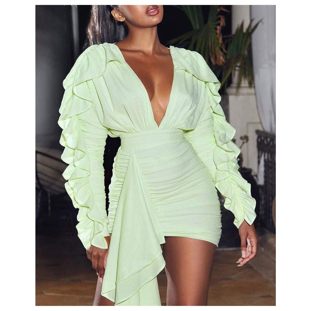 Miss Circle Samara Mint Green Draped Deep V Ruffle Sleeve Mini Dress Size Medium